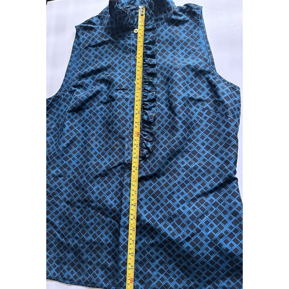 Tory‎ Burch Blue Black Geometric Ruffle Collar Sleeveless 100% Silk Blouse-Sz 8